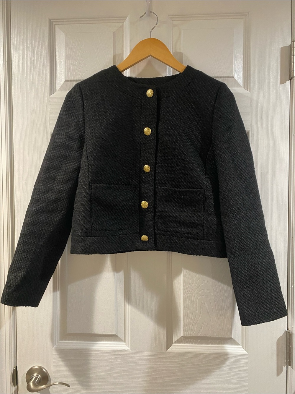 J. Crew Black Tweed Cropped Jacket with Gold Buttons - Size 2 - Picture 4 of 13